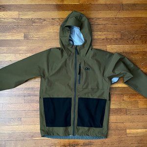 Men's Outdoor Research Cloud Forest Rain Jacket, size medium, green & black